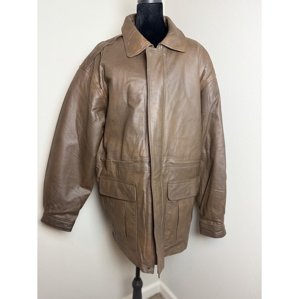 Burk’s Bay Brown Genuine Leather Jacket Plaid Lined Size L - Picture 2 of 16